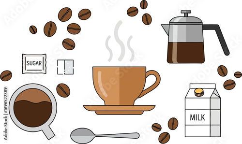 Cozy morning coffee break with steaming cup, milk, sugar, and beans.