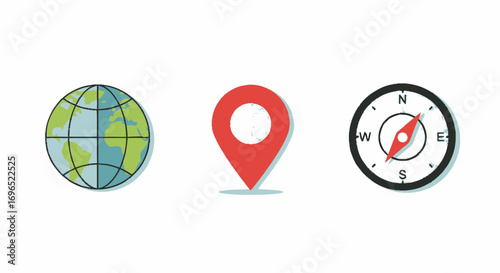 Three icons depicting global exploration: a globe, a location pin, and a compass, arranged side-by-side on a white background.
