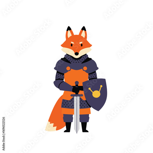 A fox warrior stands holding a sword and shield He wears armor with a shield emblem