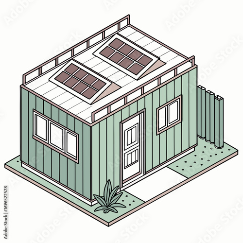 Isometric illustration of a modern tiny house with solar panels on the roof and a small garden area
