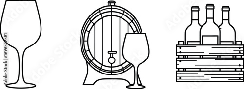 Simple line art icons of wine glass, barrel, and bottles in a crate symbolize winemaking and enjoyment.