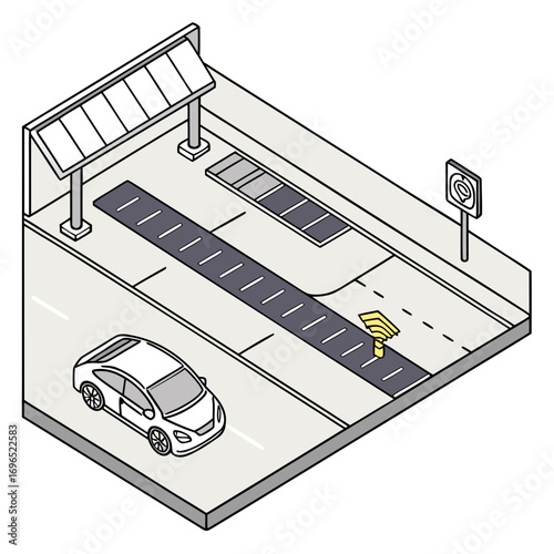 Isometric illustration of a smart road with a solar powered charging station and an electric vehicle