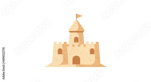 Illustration of a sandcastle summer beach vacation fun building with flag on top isolated on solid background on transparent background