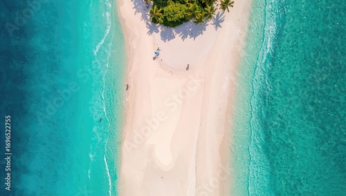 Fototapeta Naklejka Na Ścianę i Meble -  Aerial perspective of a tropical atoll with white beaches and small figures on shore.