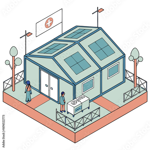 Isometric illustration of a temporary medical clinic with a red cross flag and solar panels on the roof