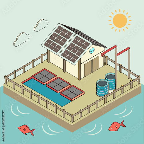 Isometric illustration of a sustainable aquaponics farm with solar panels water tanks and fish in a pond