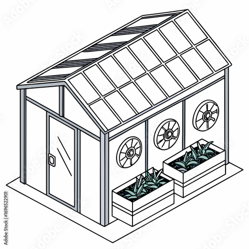 Isometric line art illustration of a modern greenhouse with glass roof and ventilation windows and potted plants