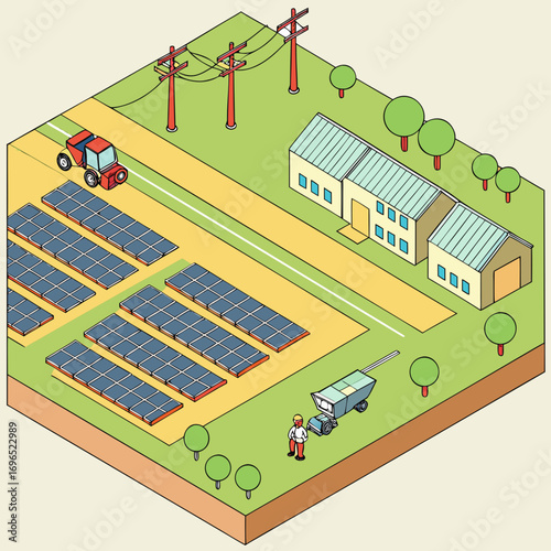 Isometric view of a solar farm with houses and power lines on a sunny day