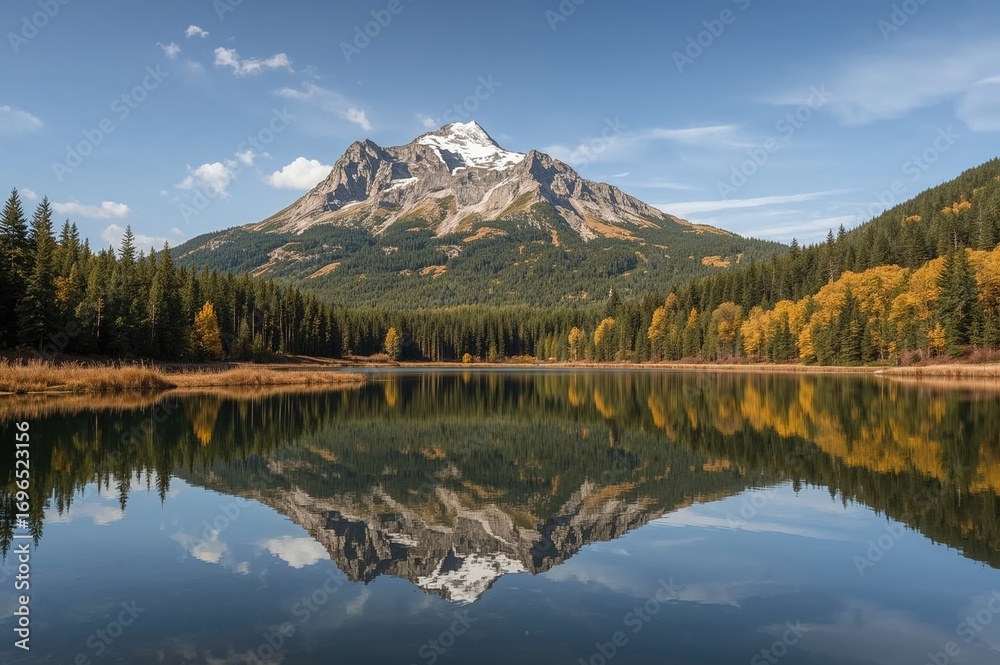 Fototapeta premium Scenic view of a serene mountain lake mirroring the vibrant autumn foliage and clear sky