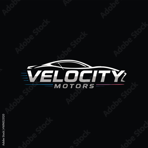  Luxury High-Performance Car Logo with Silver Chrome Text and Sleek Silhouette Outline in Motion Blur, Featuring 'Velocity Motors' Text on  Black Background for Automotive Branding and Racing Concepts