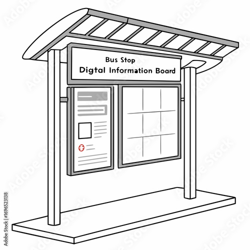 Modern bus stop shelter with digital information board and timetable display for public transportation