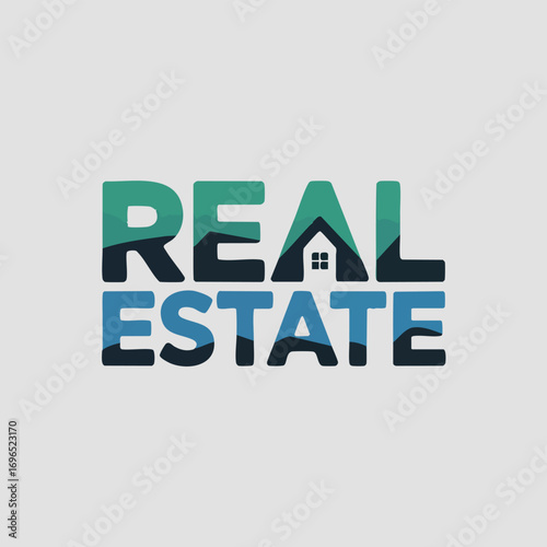 Real Estate Logo Concept Vector Graphic with Minimalist Stylized House Shape and Geometric Roof in Teal and Green Gradients on a Clean White Background for Property, Architecture, and Housing Branding