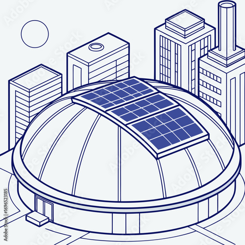Modern city dome building with solar panels on roof and surrounding skyscrapers under a clear sky