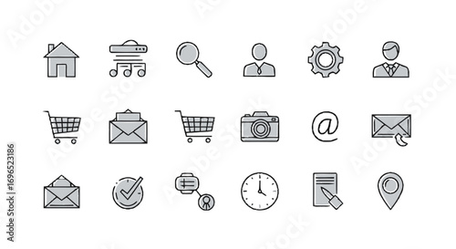 A collection of twenty minimalist line art icons representing common website and application functions, arranged in four rows on a white background.