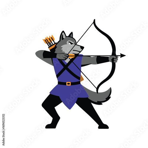 A gray wolf archer in blue tunic draws a black bow It has a quiver of arrows and a black belt