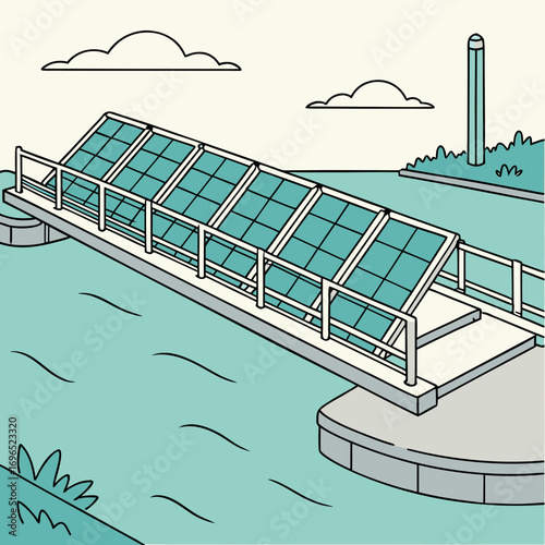 Modern floating solar panel array on a calm body of water with a distant tower and clouds