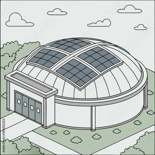 Modern geodesic dome building with solar panels on the roof and entrance canopy surrounded by greenery and clouds