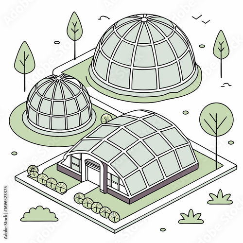 Modern geodesic domes and greenhouse structures in a minimalist isometric landscape with trees and birds