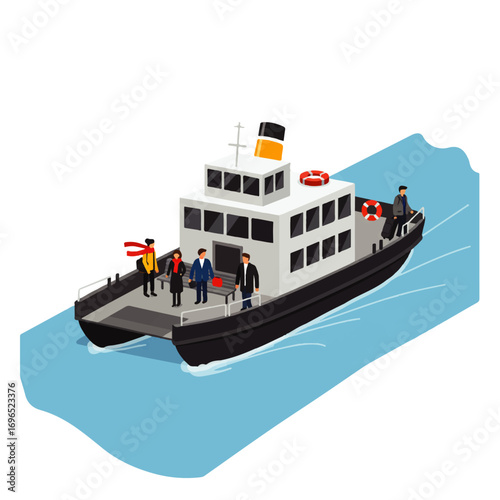 A small ferry boat with several passengers aboard is sailing on blue water, depicted in a stylized vector illustration.