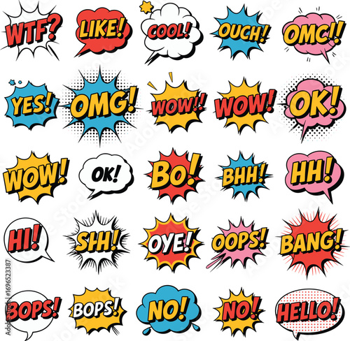 Comic sound effects set, pop art speech bubbles, colorful explosion words, cartoon text effects, expression icons, vibrant dialogue shapes, vector comic bubbles, fun chat symbols, 
