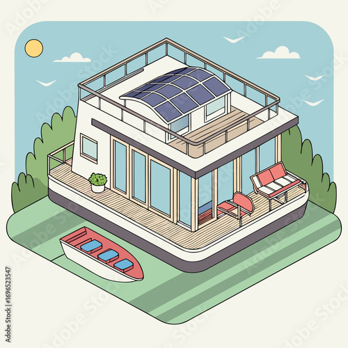 Modern houseboat with solar panels and a small boat docked on a sunny day with green trees and blue sky