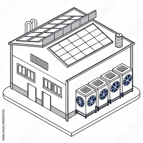 Modern industrial building with solar panels on the roof and multiple air conditioning units on the exterior wall