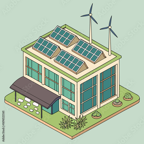 Modern isometric building with solar panels and wind turbines on the roof symbolizing renewable energy and sustainability