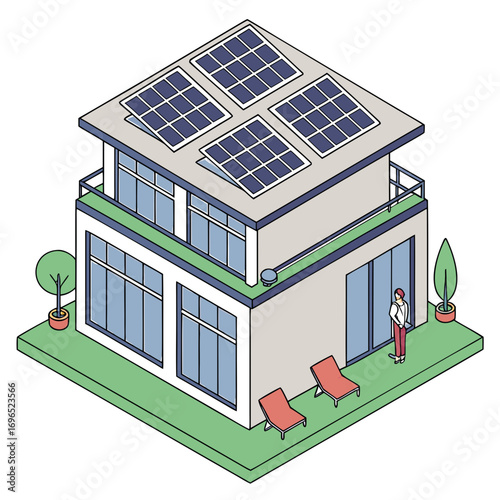 Modern isometric house with solar panels on the roof and a person standing on the lawn