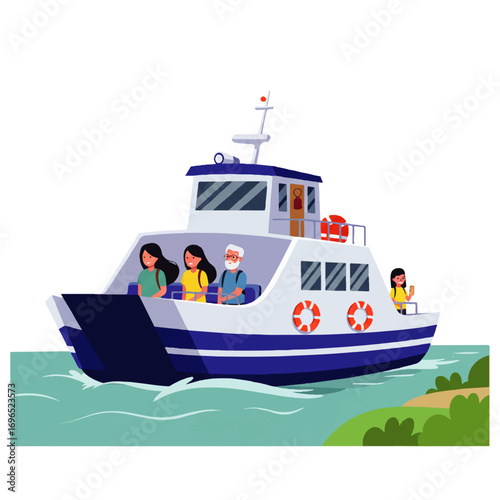 Illustration of a ferry boat carrying passengers, including women and an elderly man, sailing on the water near a grassy shoreline.
