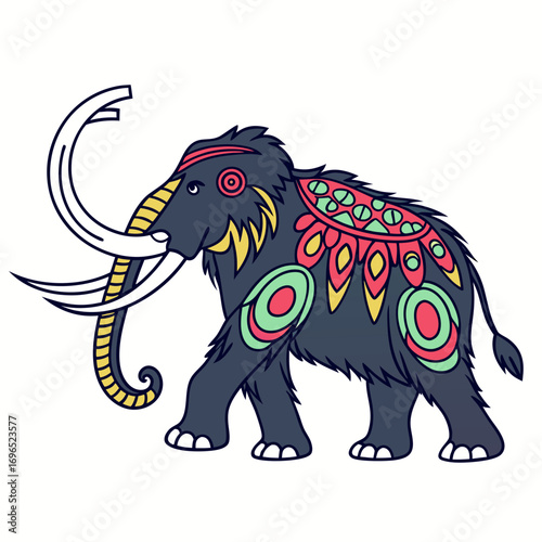 Stylized woolly mammoth with ornate saddle