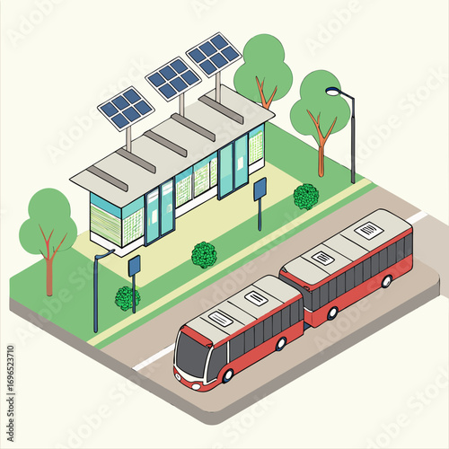 Modern solar powered bus stop with articulated bus arriving on a clean city street