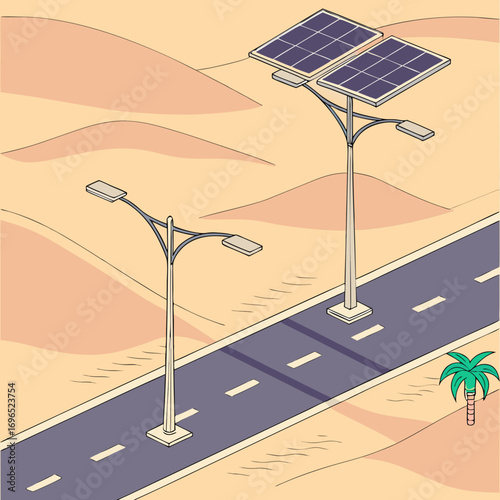 Modern solar powered street lights illuminate a desolate desert highway with rolling sand dunes and a single palm tree