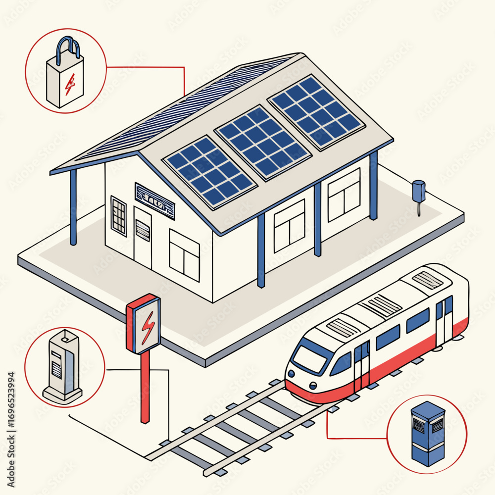 Fototapeta premium Modern train station powered by solar energy with electric charging infrastructure and energy storage solutions