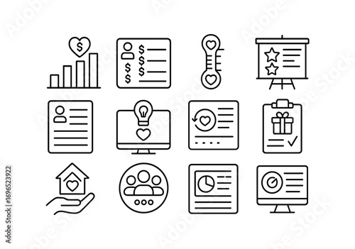 Finance and business line icon set. analytics and data management line collection