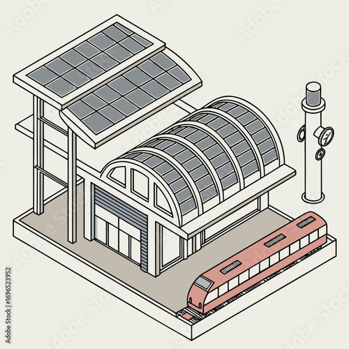 Modern train station building with arched glass roof and solar panels on a platform with a train