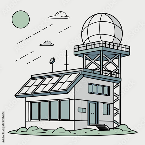 Modern weather station building with radar dome and solar panels under a stylized sky with sun and clouds