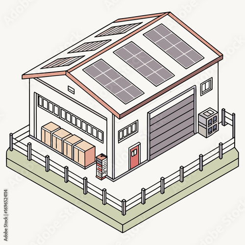Modern warehouse building with solar panels on the roof and cargo boxes outside the loading dock