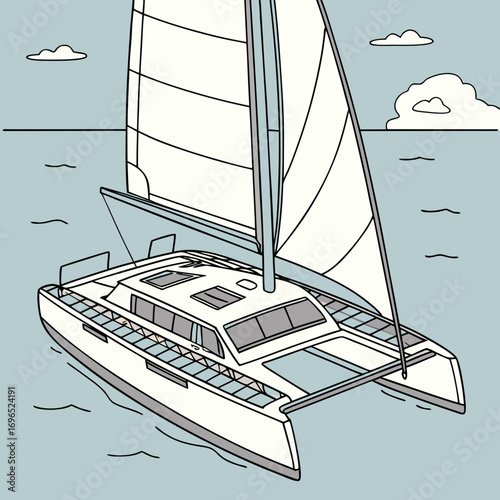 Modern white sailing catamaran with full sails gliding smoothly across a calm blue ocean under a cloudy sky