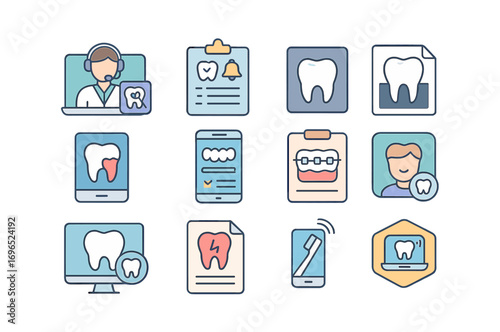 Dental, oral health flat icon set. profession, teeth, braces, outline collection