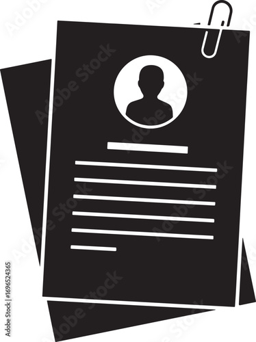 Black and white resume document with a profile picture and paper clip illustration