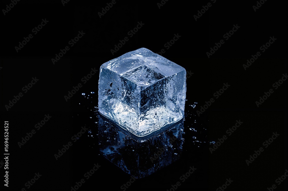 Obraz premium Transparent Ice Cube Melting Against a Dark Backdrop