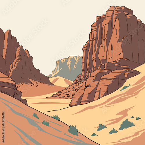 Stylized desert landscape with towering sandstone cliffs and rolling sand dunes under a pale sky