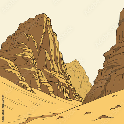 Stylized illustration of a vast desert canyon with towering sandstone cliffs and a dry riverbed under a pale sky