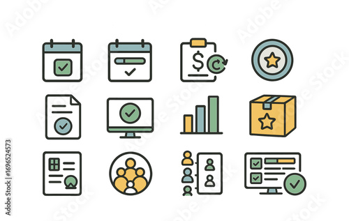Business and productivity flat icon set. office, analysis, success, planning, organization