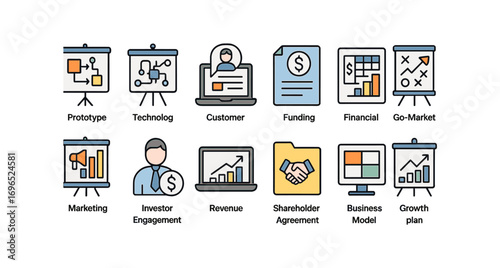Startup strategy colored icon set. prototype, customer, funding, financial plan.