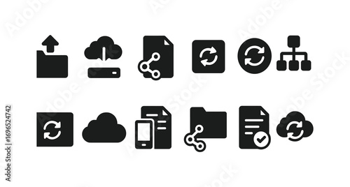 Data sharing solid icon set. synchronization, cloud storage icons solid collection