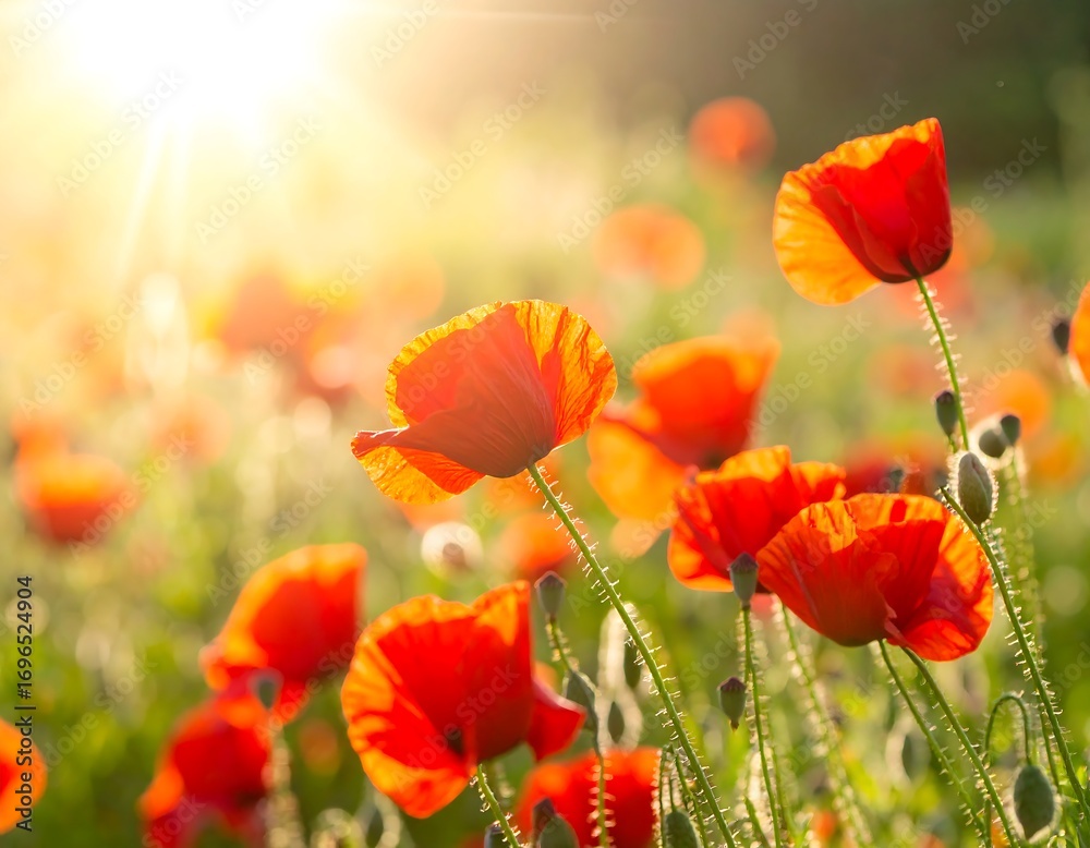 Obraz premium Vibrant red poppies bloom in a sunlit field, showcasing a beautiful summer landscape.