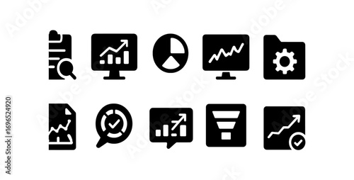 Business and analytics solid icon set for corporate reports and data visualization