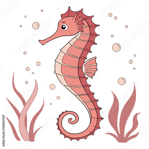 Cute pink seahorse with bubbles and seaweed