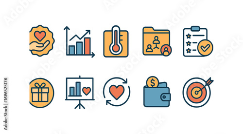 Charity, donation flat icon set. volunteering, heart, fundraising icons collection.